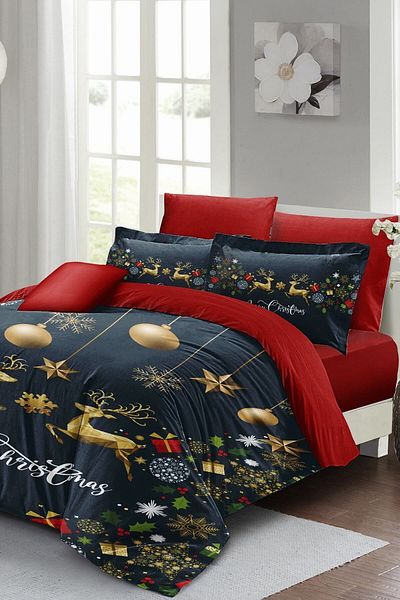 MonoHome Christmas Duvet Cover Set (With Elastic Sheets) Double 100% Cotton Satin Deer Christmas