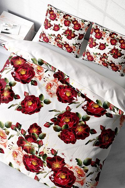 PerlaSera 3D Custom Design - Double Duvet Cover Set, Tight Woven Cotton Satin, Red Rose Natural
