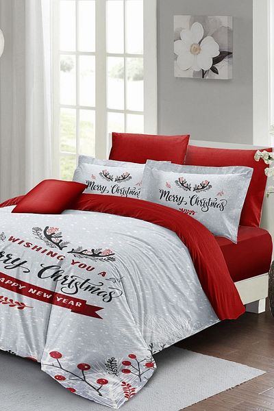 MonoHome Christmas Duvet Cover Set (With Elastic Sheets) Double 100% Cotton Satin Wishing Christmas