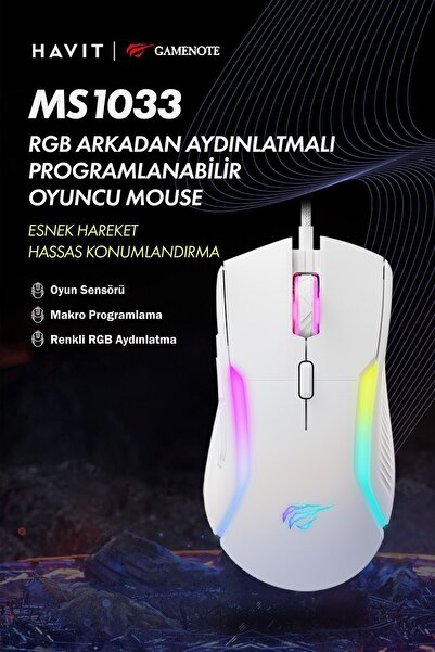 Havit Gamenote Ms1033 Rgb Uyumlu 8000 Dpı Ayarlanabilir Ağırlıklı Beyaz Gaming Makrolu Oyuncu Mouse