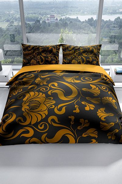 PerlaSera Gold Leaves 3d Cotton Satin Double Duvet Cover Set
