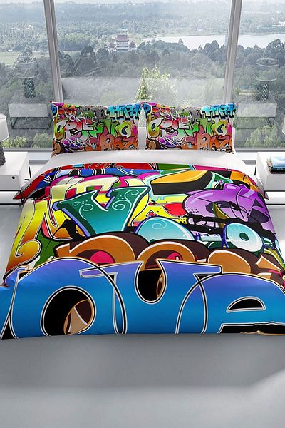 PerlaSera Graffiti 3d Cotton Satin Double Duvet Cover Set