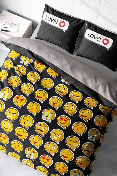 PerlaSera 3D Custom Design - Double Duvet Cover Set, Tightly Woven Cotton Satin, I Love Emoji
