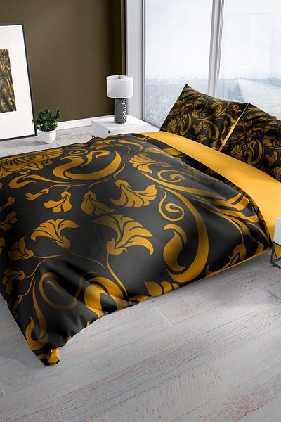 PerlaSera Gold Leaves 3d Cotton Satin Double Duvet Cover Set