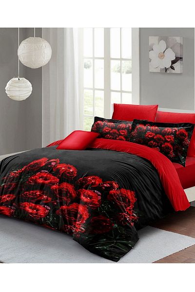 MonoHome Valentine's Day Special Double Duvet Cover Set Cotton Satin Black Rose