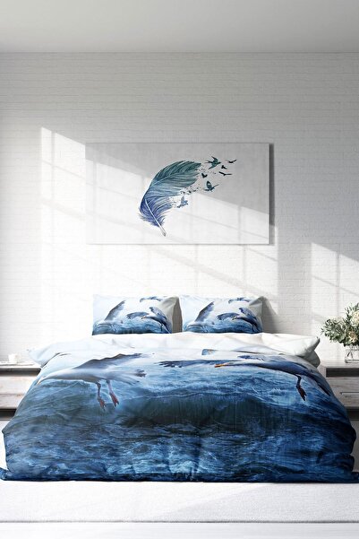 PerlaSera Set de lenjerie de pat dublu din bumbac țesut dens satinat 3d design special pescăruș