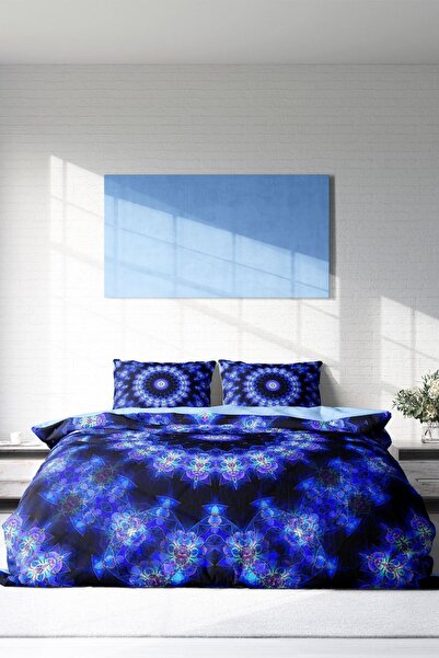 PerlaSera 3D Спеціальний дизайн - Двоспальний комплект постільної білизни, щільно тканий бавовняний сатин, синій дамаск