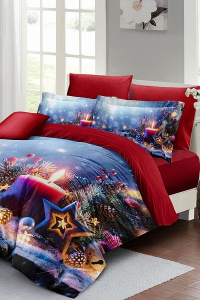 MonoHome Double Christmas Duvet Cover Set - 100% Cotton Satin Christmas Candle