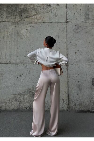 owwon Kadın Vizon Yüksek Bel Özel Tasarım Palazzo Saten Pantolon