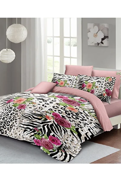MonoHome 100% Cotton Satin Double Duvet Cover Set with Leopard Elastic Sheets Zebra Flowers