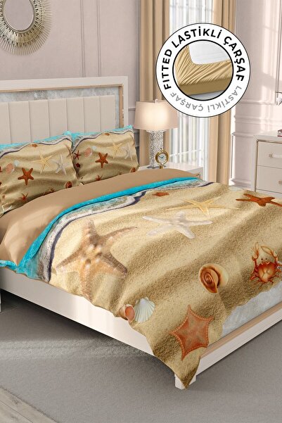 MonoHome Set cuvertură de pilota dublă din satin 100% bumbac cu cearșaf de pat Beach Stars