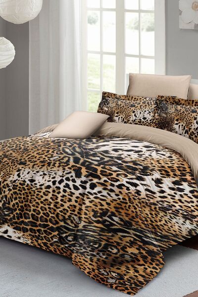 MonoHome 100% Cotton Satin Double Duvet Cover Set with Leopard Elastic Sheets Wild Leopard