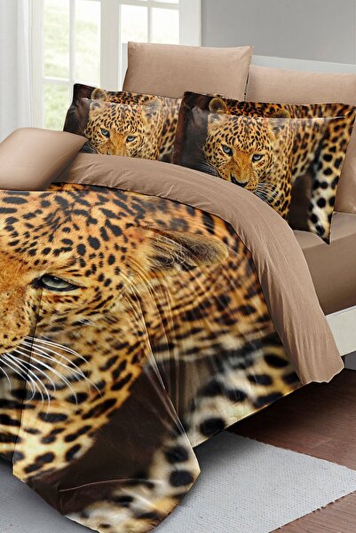 MonoHome 100% Cotton Satin Double Duvet Cover Set with Fitted Sheets Wild Tiger