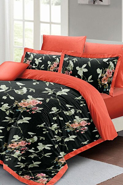 PerlaSera Double Duvet Cover Set Dense Weave Cotton Satin 3D Special Design Black Salmon Flower