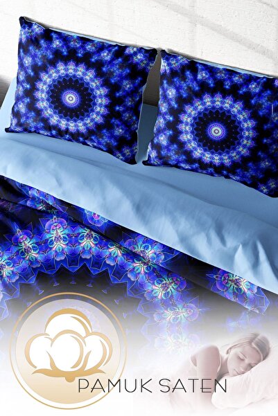 PerlaSera 3D Спеціальний дизайн - Двоспальний комплект постільної білизни, щільно тканий бавовняний сатин, синій дамаск