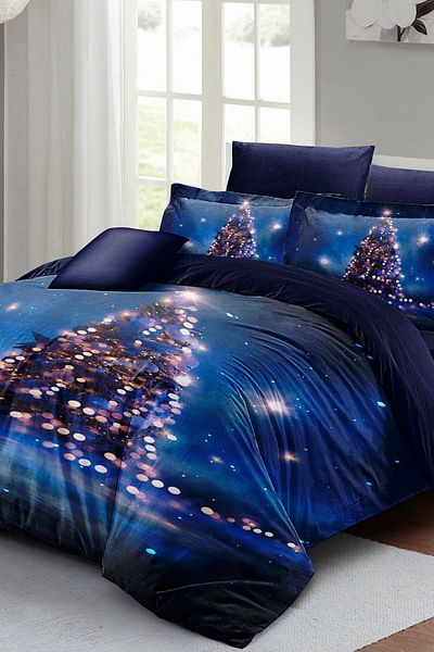 MonoHome New Year's Eve Duvet Cover Set (With Elastic Sheets) Double 100% Cotton Satin Starry Tree
