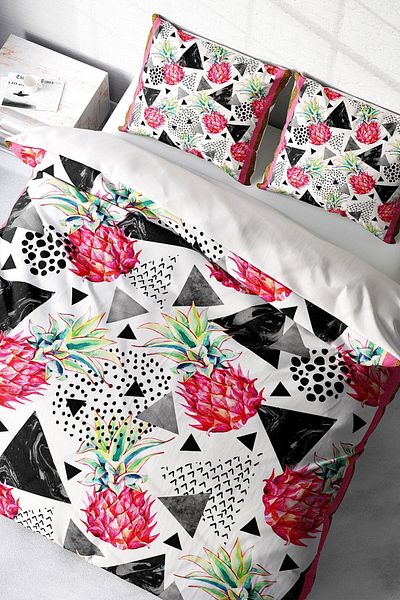 PerlaSera Pineapple 3D Custom Design - Double Duvet Cover Set, Tight Woven Cotton Satin