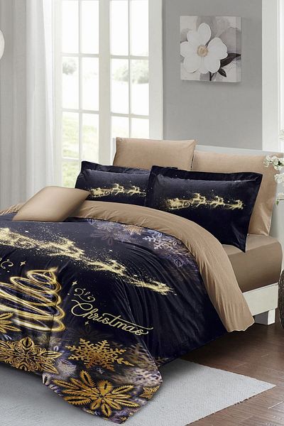 MonoHome Christmas Duvet Cover Set (With Elastic Sheets) Double 100% Cotton Satin Coffee Christmas