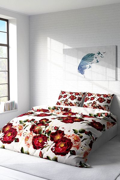 PerlaSera 3D Custom Design - Double Duvet Cover Set, Tight Woven Cotton Satin, Red Rose Natural