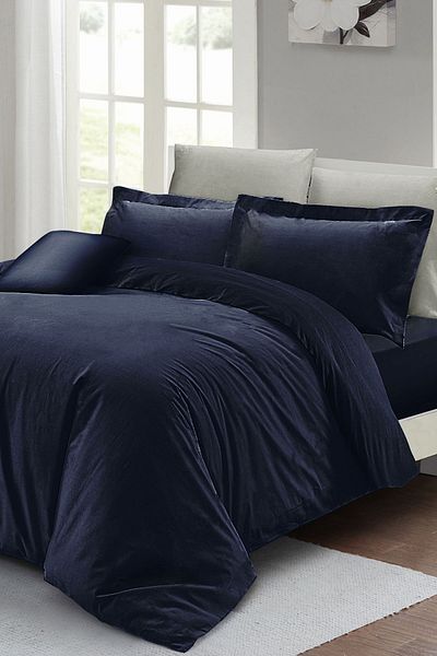 MonoHome Double Duvet Cover Set with Elastic Sheets Navy Blue Lux Cotton Ranforce