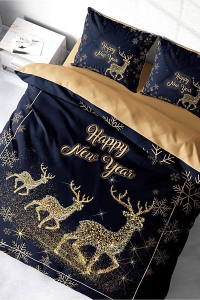 MonoHome New Year Duvet Cover Set (With Elastic Sheets) Double 100% Cotton Satin Deer