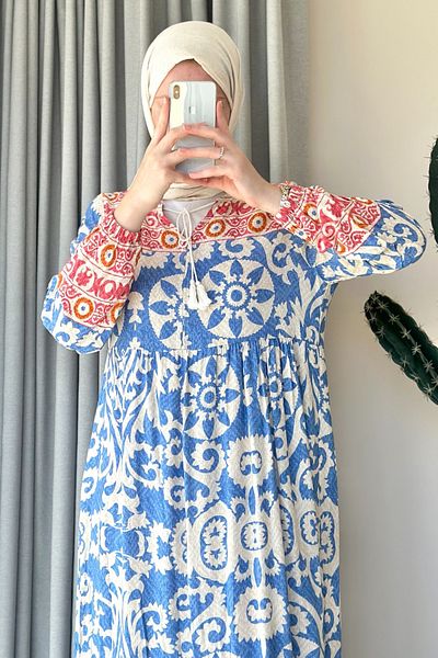 ModaAycan Ma144 Model - Blue Collar Tie Detailed Dress