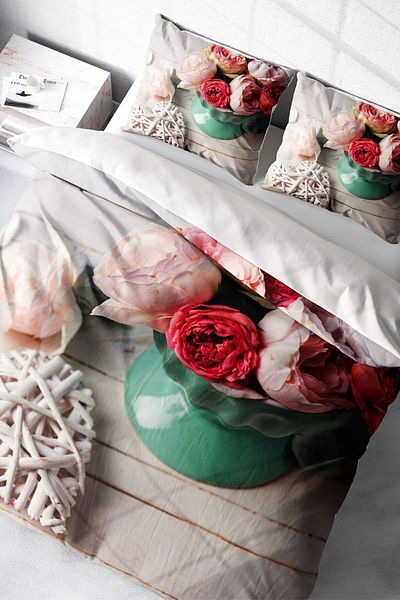PerlaSera Rose Love 3D Custom Design - Double Duvet Cover Set, Tight Woven Cotton Satin