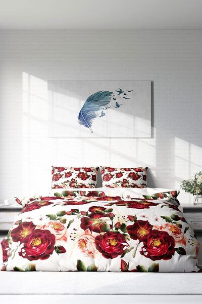 PerlaSera Τρισδιάστατο Ειδικό Σχέδιο - Σετ Παπλωματοθήκη Διπλό, Πυκνό Βαμβακερό Σατέν, Red Rose Natural