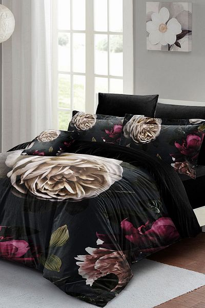 PerlaSera 3D Custom Design - Double Cotton Satin Duvet Cover Set, Black Floral Pattern