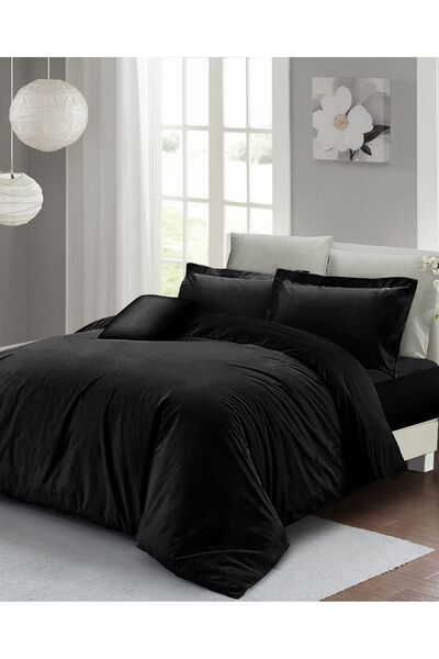 MonoHome Set cuvertură de pilota dublă cu cearșaf elastic Black Lux Cotton Ra...