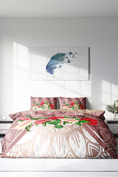 PerlaSera Double Duvet Cover Set Dense Weave Cotton Satin 3D Special Design Brown & Roses