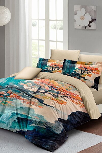 MonoHome 100% Cotton Satin Double Duvet Cover Set with Elastic Sheets Fantasy River