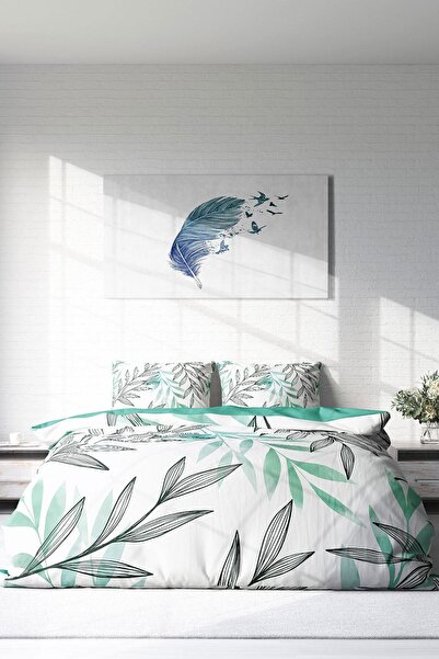 PerlaSera 3D Спеціальний дизайн - Двоспальний комплект постільної білизни з бавовняного сатину, бірюзовий пір'я