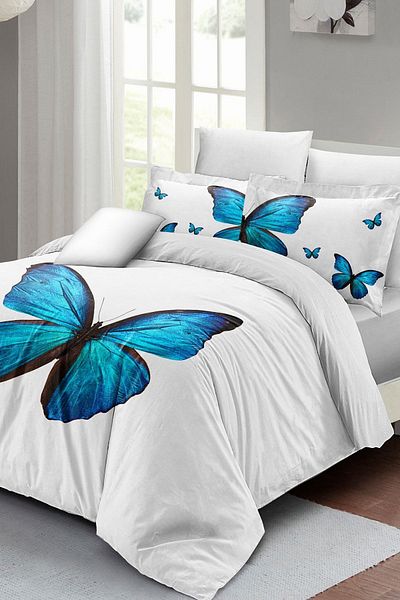 PerlaSera 3D Custom Design - Double Cotton Satin Duvet Cover Set, Blue Butterfly