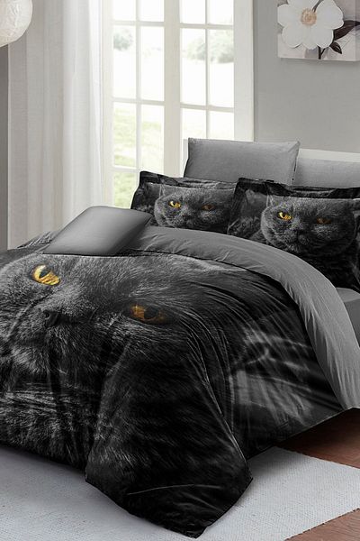 PerlaSera Serious Cat Natural 3D Special Design - Double Duvet Cover Set, Tightly Woven Cotton Satin