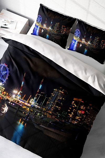PerlaSera Harbor Night Modern - تصميم مخصص ثلاثي الأبعاد، مجموعة غطاء لحاف مزدوج من الساتان القطني المنسوج بشكل متكرر