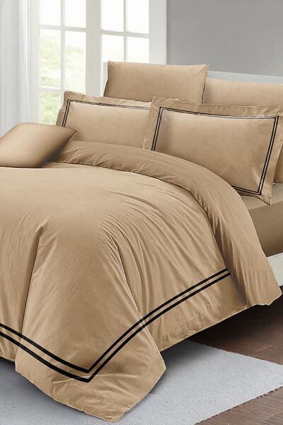 MonoHome 100% Cotton Satin Double Duvet Cover Set with Fitted Sheets Luxury Cotton Satin Brown
