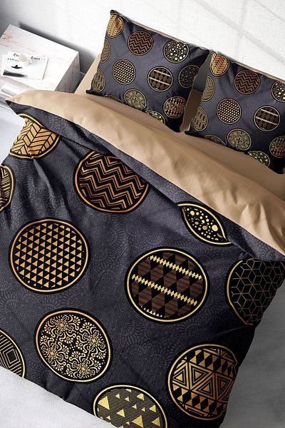 PerlaSera 3D Custom Design - Double Duvet Cover Set, Tight Woven Cotton Satin, Gold Black Circle