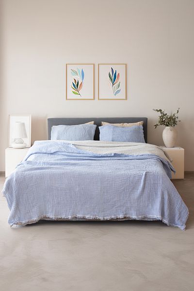 vivamaison Cuvertură de pat supradimensionată din bumbac muselină 4 straturi - Dublu Fețe Baby Blue 240x260 Cm