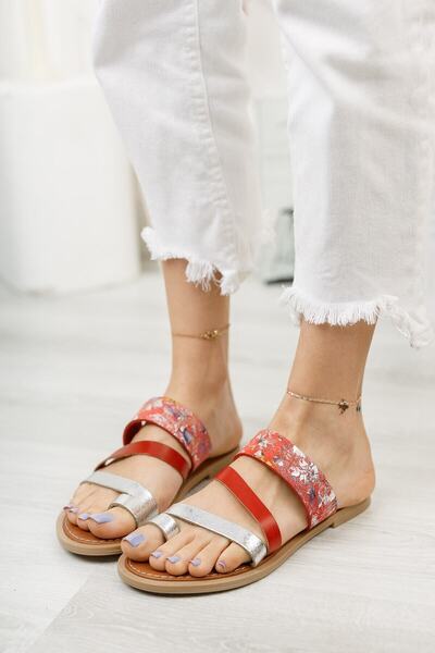 Riccon Flip-flops de damă din piele naturală cu model roșu 0012081