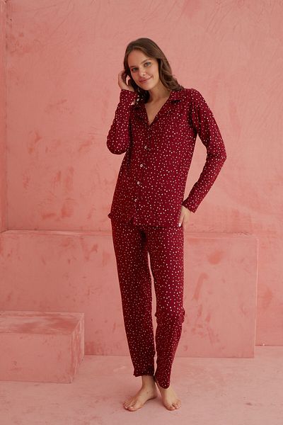 ELİTOL Bamboo Long Sleeve Pajama Set - Claret Red Dot Patterned, Front Buttoned