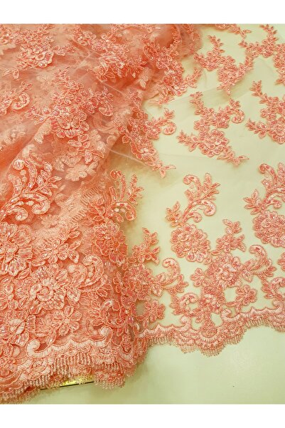 Safir Kumaş İşlemeli Işıl ışıl Pembe Tonunda 3.5 Metre Dantel