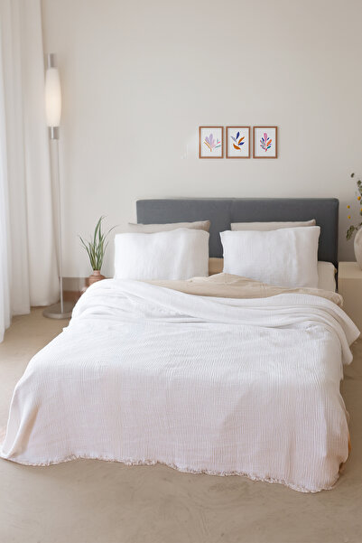 vivamaison 4 Layers Muslin Cotton King Size Pique Bedspread - Double Sided White 240x260 Cm