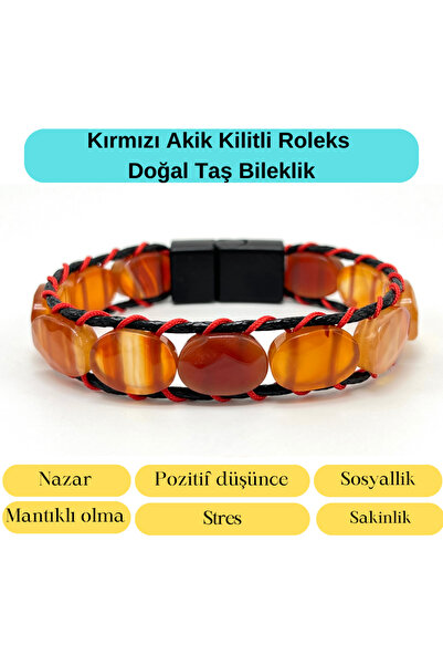 YILDIZ DOĞAL TAŞ Sertifikalı Kırmızı Akik Kilit Kapama Roleks Doğal Taş Deri ...