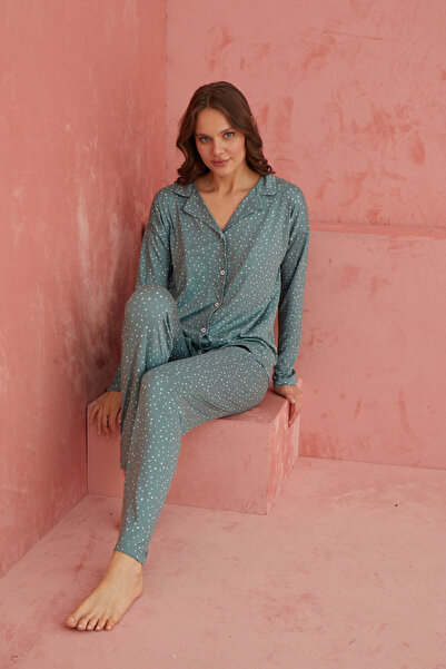 ELİTOL Bamboo Green Dot Patterned Long Sleeve Pajama Set - Front Buttoned
