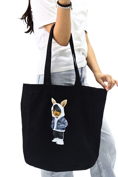 ICONE BAG Γυναικεία υφασμάτινη τσάντα μεγάλου όγκου Black Rabbit Printed - Για Χέρι και Ώμο