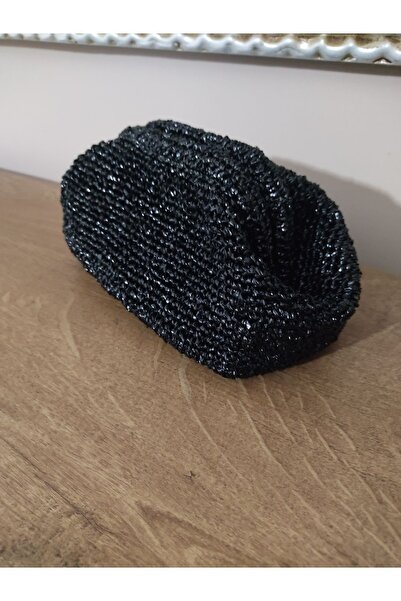 ÖZLEM HANDMADE Γυαλιστερή μαύρη πλεκτή βραδινή τσάντα