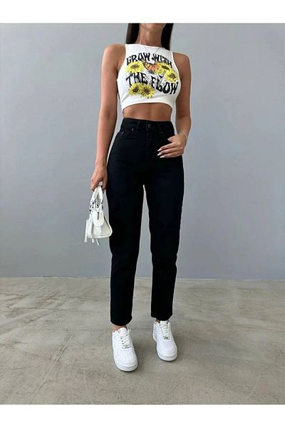MAKRAS EXCLUSIVE Julia Jeans Γυναικείο Μαύρο Ψηλόμεσο Άνετο Lycra Denim Mom Jeans
