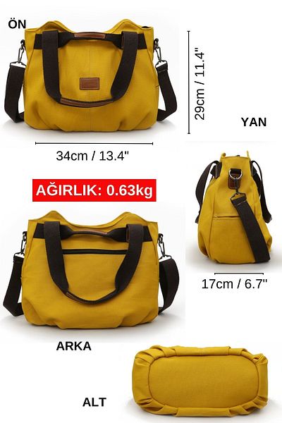 Cappadocia Vintage 3212 Demeter Women's Mustard Yellow Shoulder Hand Casual Tote 100% Cotton Canvas Crossbody Bag with Pocket