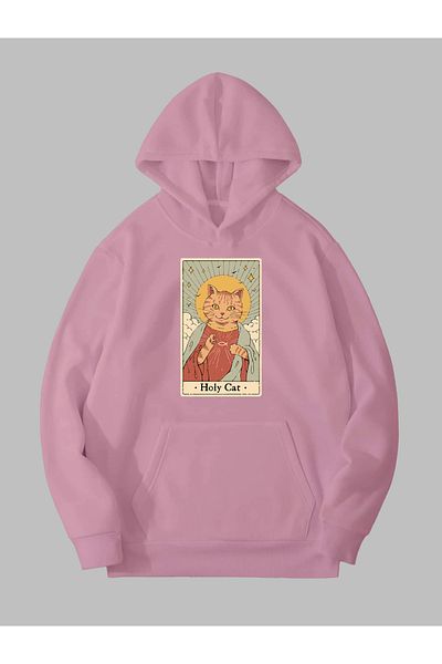 Harmandar Φούτερ με στάμπα Holy Cat Unisex με ροζ κουκούλα - Λεπτομέρεια τσέπης καγκουρό